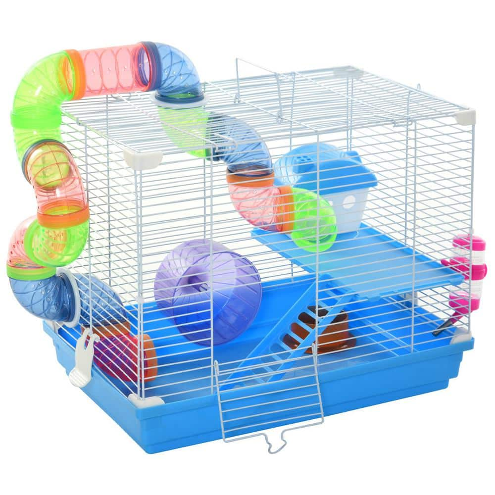 PawHut 2 Level Hamster Cage with Exercise Wheel Play Tubes Water Bottle Food Dishes and Interior Ladder D51 213 The Home Depot