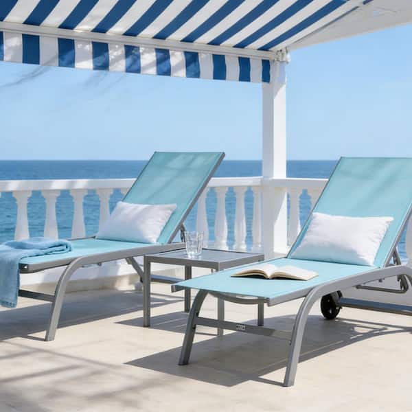 3-Piece Lake Blue Metal Outdoor Lounge Chair and Table