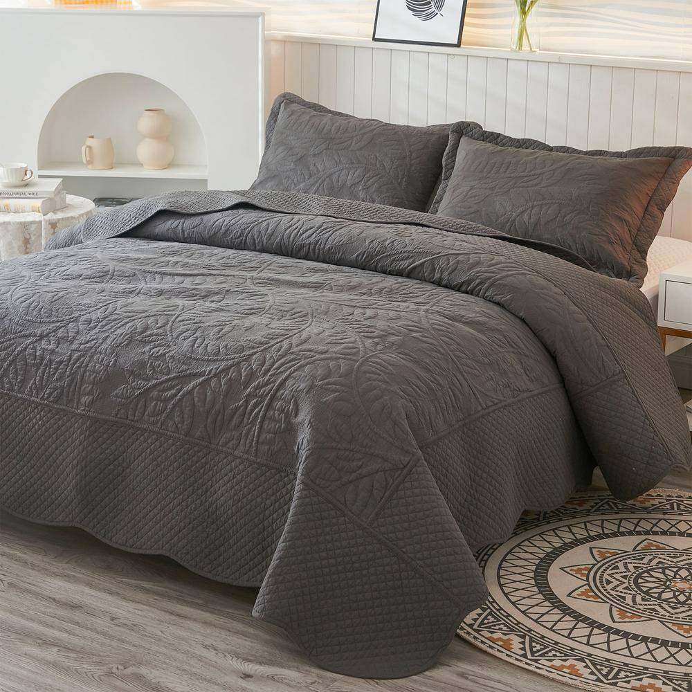 Dark Grey Reversible Cotton Queen Bedspread Set