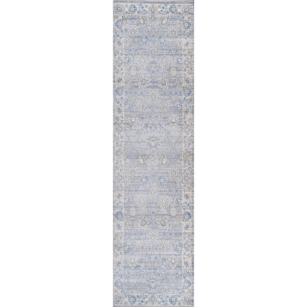 Modern Persian Vintage Moroccan Traditional Gray/Blue 2 ft. x 8 ft. Runner Rug