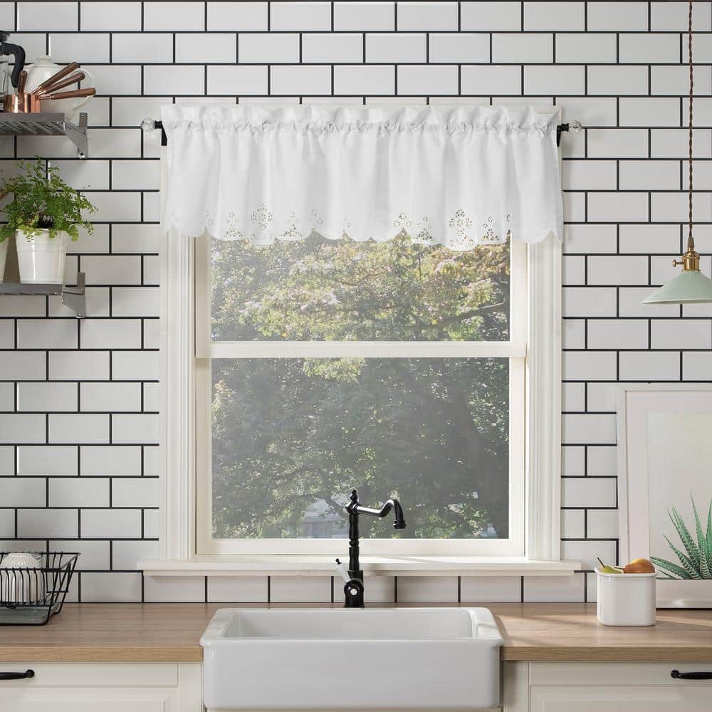 Mariela White Floral Trim Semi-Sheer Kitchen Curtain Set