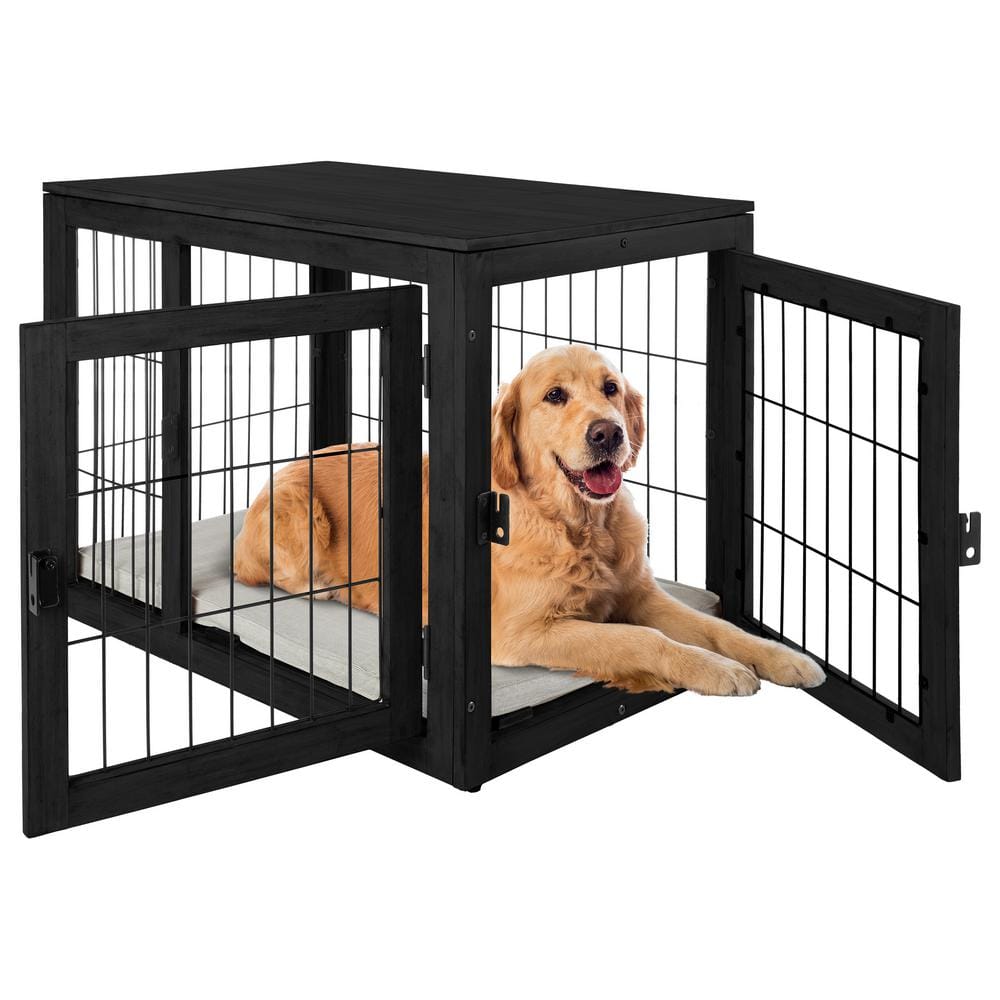 Large Black Acacia Wood and Metal Dog Crate Table
