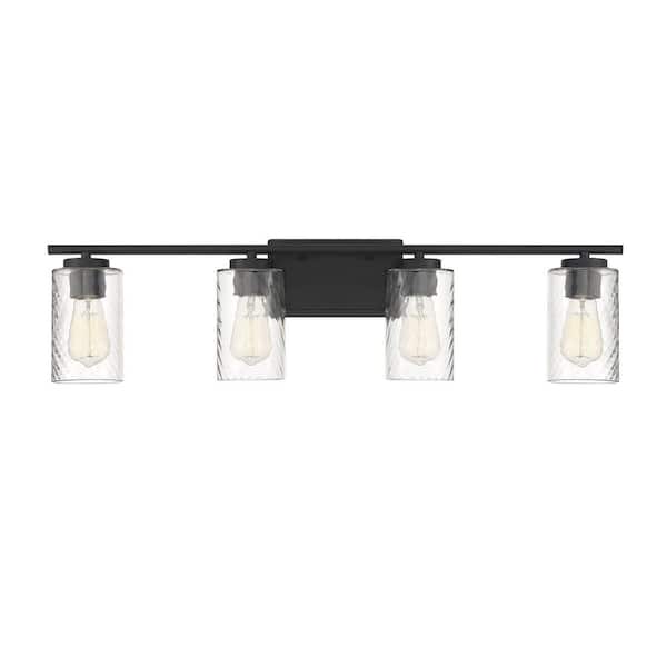Savoy House 32 in. W x 8.63 in. H 4-Light Matte Black Bathroom Vanity Light with Clear Cylinder Glass Shades