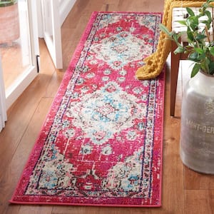 Madison Fuchsia/Light Blue 2 ft. x 8 ft. Border Floral Oriental Runner Rug