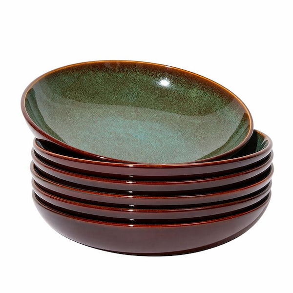 32 fl. oz. Brown Green Stoneware Large Pasta Soup Noodle Salad Ceramic Bowls Dishwasher Safe (Set of 6)
