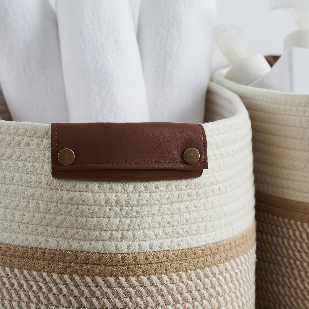 Set of 3 White and Brown Cotton Rope Storage Baskets with Faux Leather Handles