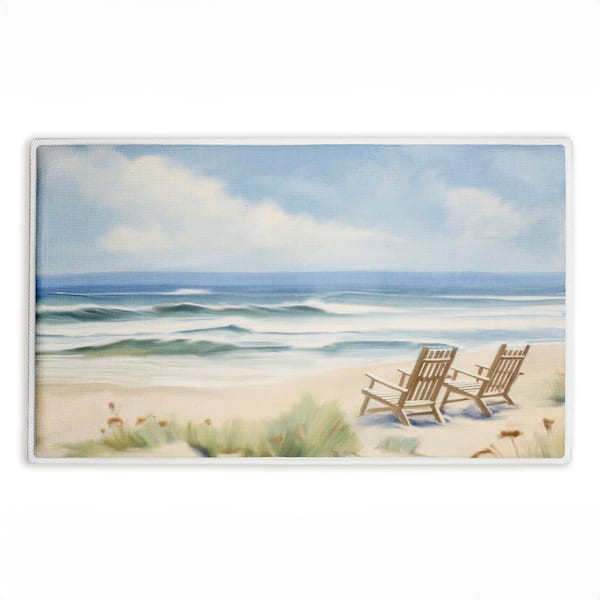 Chair View on Serene Beach 18 in. x 30 in. Blue Graphic Polyester Blend Rectangle Bath Mat