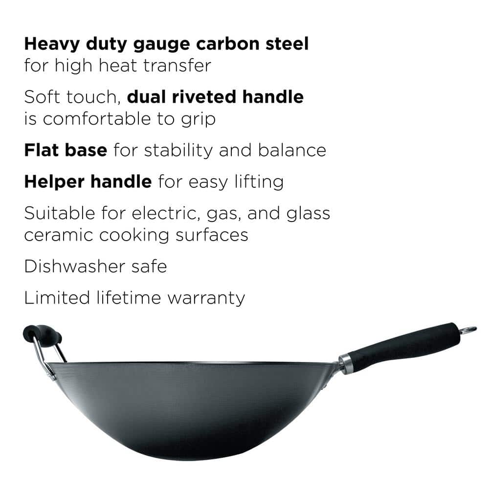 Black Non-Stick Carbon Steel Wok with Helper Handle, 14"