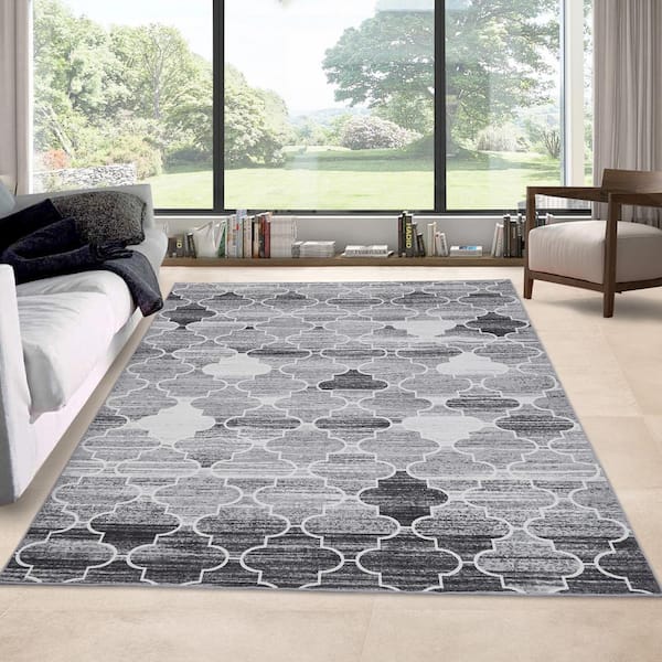 GlowSol Grey 5 ft. x 7 ft. Vintage Geometric Tribal Machine Washable Area Rug, Gray