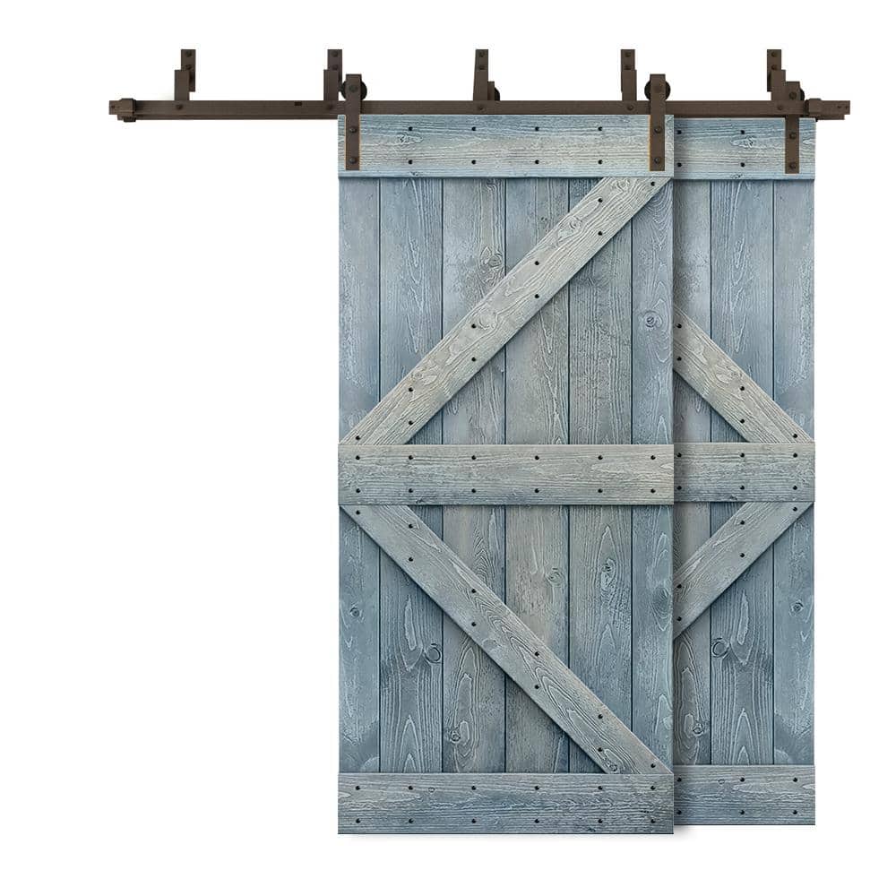 60 in. x 84 in. K Series Bypass Denim Blue Stained Solid Pine Wood Interior Double Sliding Barn Door with Hardware Kit price history on PriceWatchPro