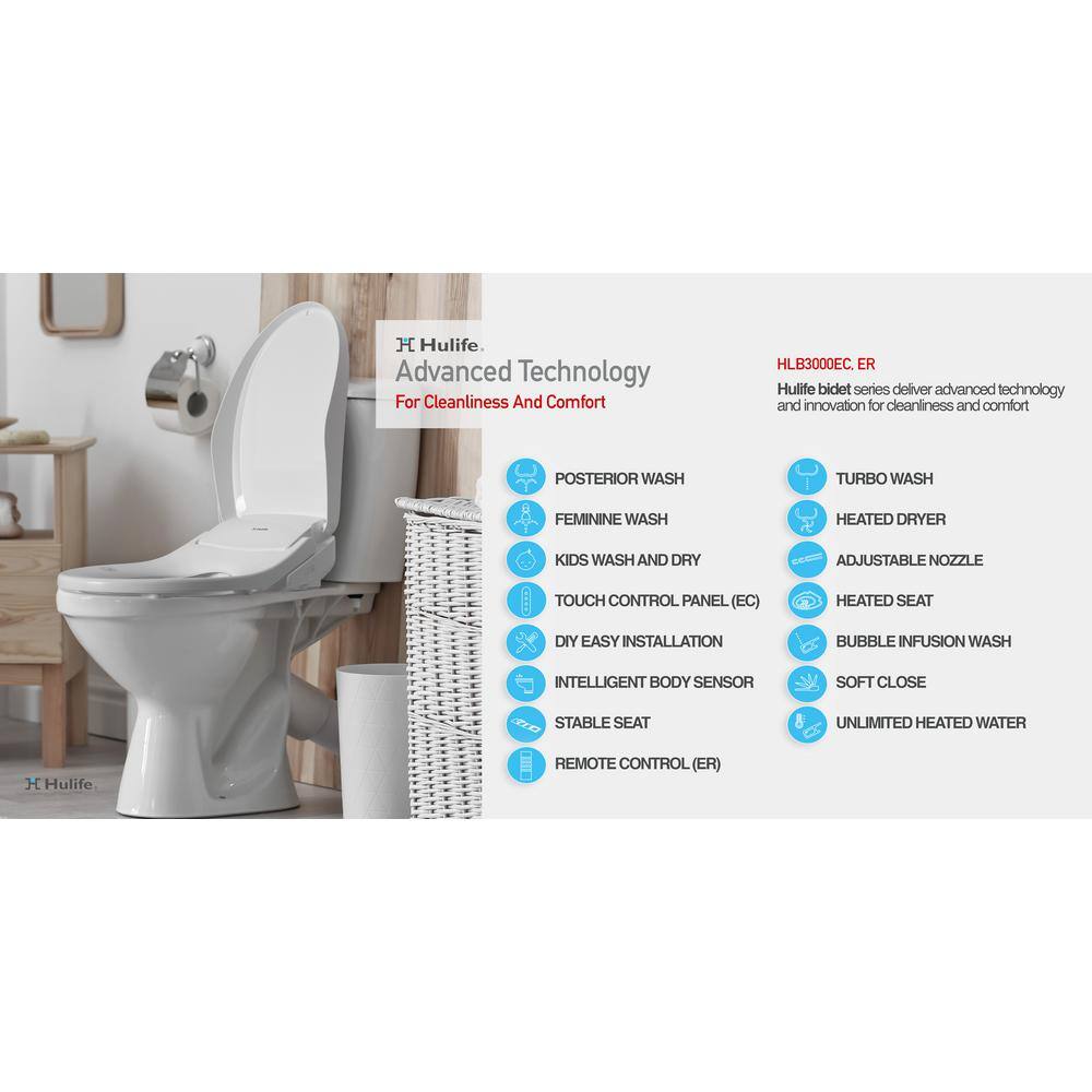 Hulife White Electric Bidet Seat with Heated Water and Air Dryer