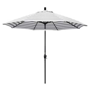 9 ft. Aluminum Market Push Tilt - Matte Black Patio Umbrella in Gray White Cabana Stripe Olefin