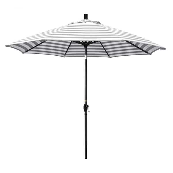 California Umbrella 9 ft. Aluminum Market Push Tilt - Matte Black Patio Umbrella in Gray White Cabana Stripe Olefin