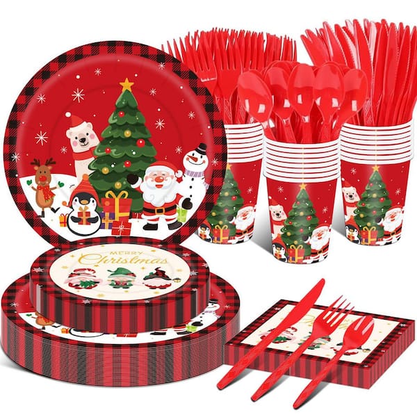 175-Piece Christmas Dinnerware Set in Red Green, Disposable Paper Plates, Napkins, Holiday Party Supplies for 25 Guests