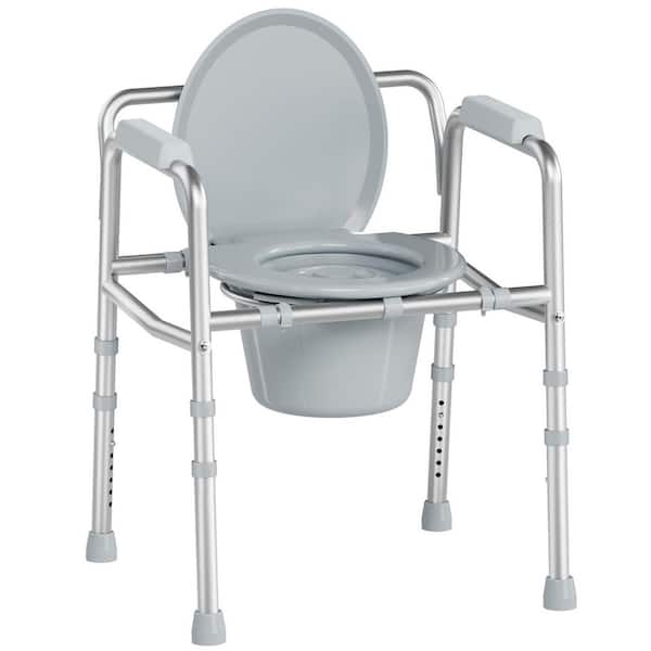 3 in 1 Bedside Commode Chair, Dual-Crossbar Support, 350 lb. Weight Capacity with 7.5 qt. Bucket Toilet Seat in Silver