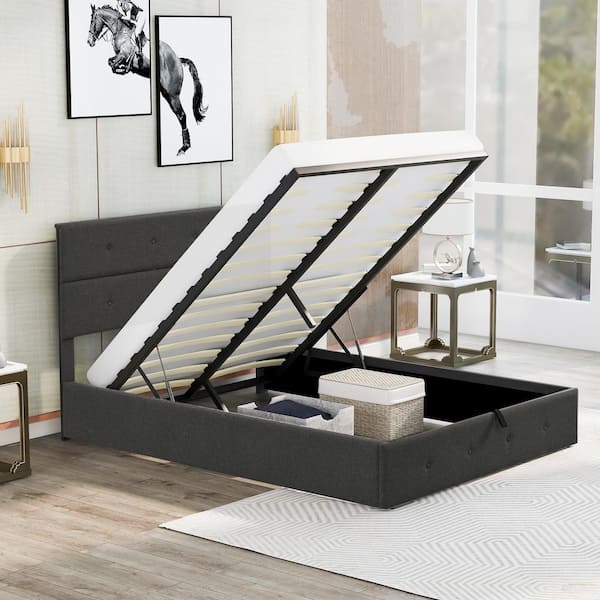 Qualler Gray Queen Size Upholstered Platform Bed with Underneath Storage