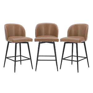 26 in. Cynthia Saddle Brown High Back Metal Swivel Counter Stool with Faux Leather Seat (Set of 3)