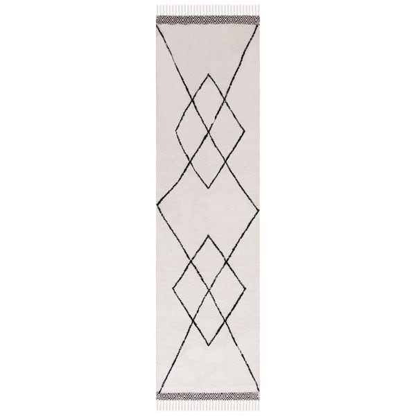 Easy Care Ivory/Black 2 ft. x 11 ft. Machine Washable Diamond Cross Fringe Runner Rug