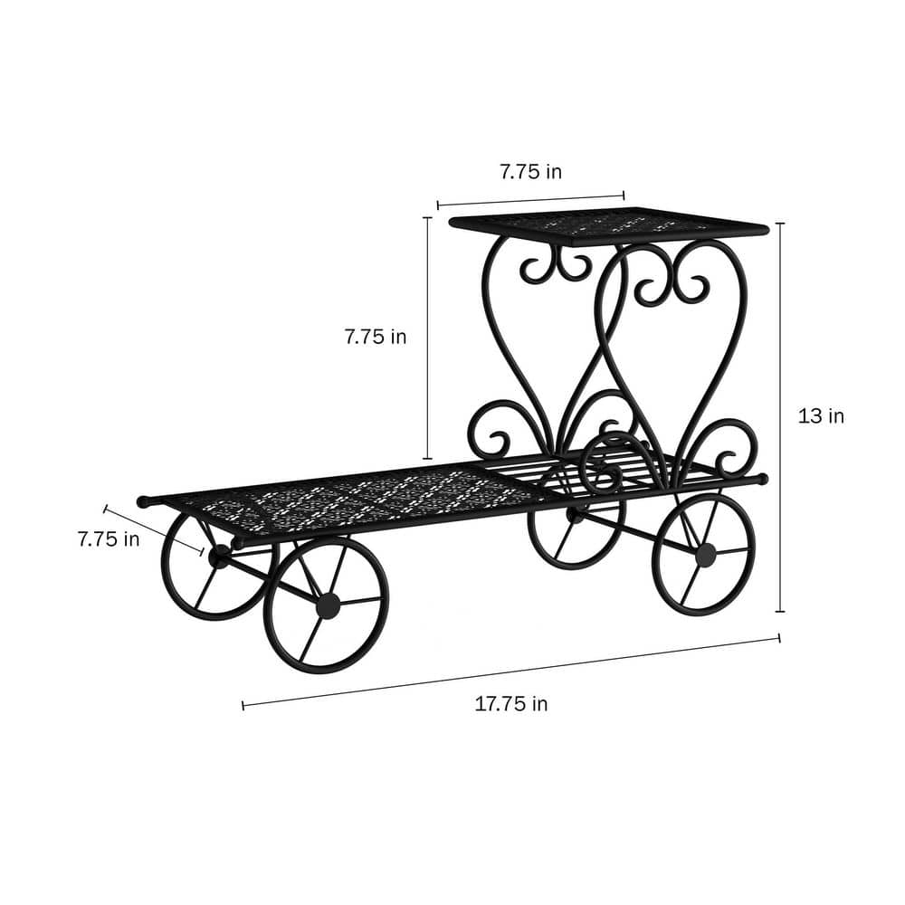 Vintage Charm 2-Tier Wrought Iron Plant Stand with Decorative Wheels, Matte Black
