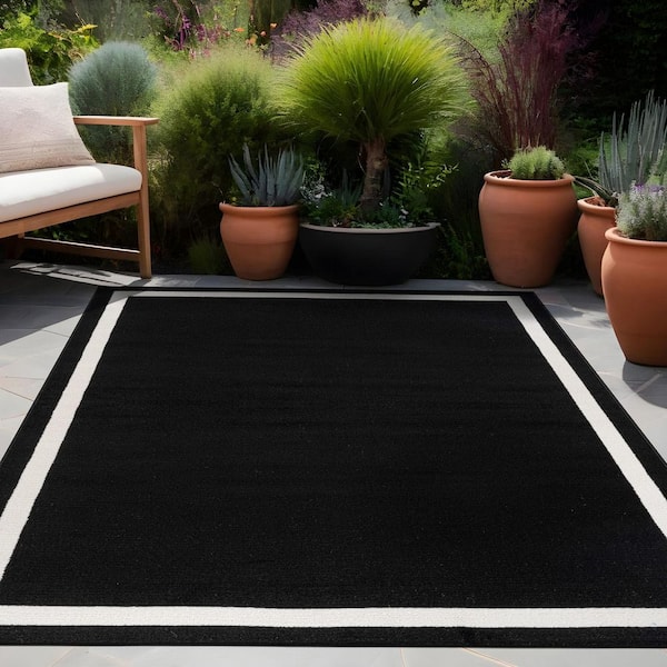 Aura Black 6 ft. x 9 ft. Rubber Back Washable Modern Bordered Indoor Outdoor Area Rug