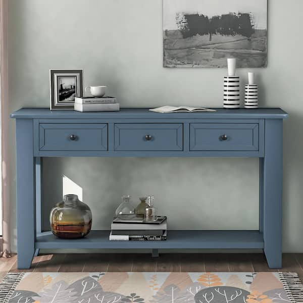 55.10 in. W x 15.00 in. D x 30.00 in. H Blue Linen Cabinet Console Table with 3-Drawers and 1-Shelf