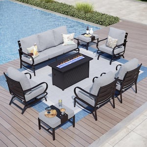 9 Seat 8-Piece Metal Outdoor Patio Conversation Set with Gray Cushions, Rocking Chairs, Rectangular Fire Pit Table