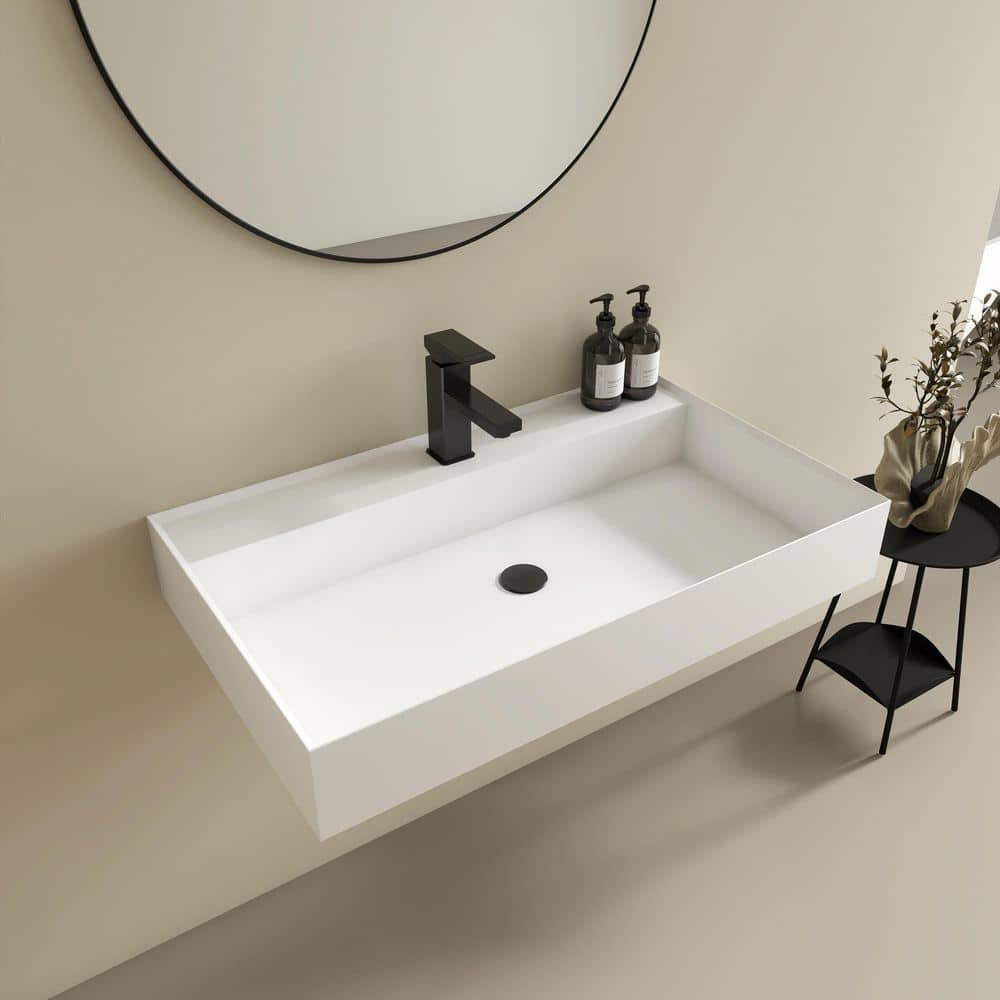 Velin 31 x 19 in. Solid Surface Wall Mount or Countertop Bathroom Vessel Sink with Faucet Holes in Matte White price history on PriceWatchPro