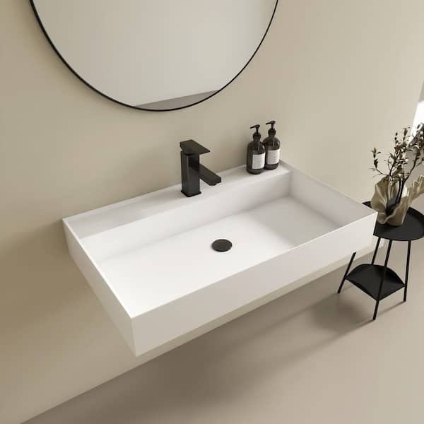 Velin 31 x 19 in. Solid Surface Wall Mount or Countertop Bathroom Vessel Sink with Faucet Holes in Matte White