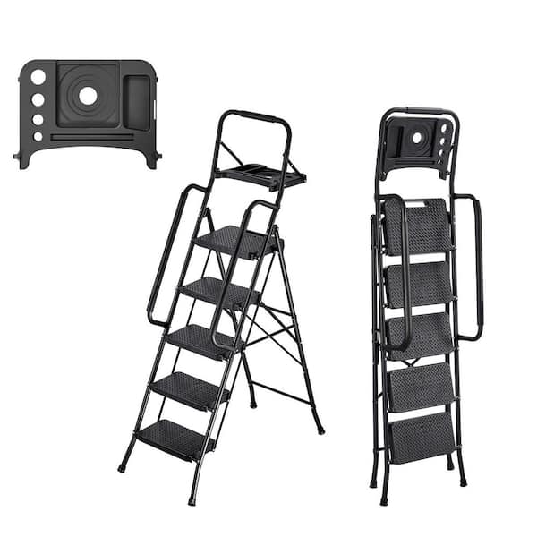 5 Step Ladder, Folding Step Stool with Wide Anti-Slip Pedal, Tool Tray, Dual Side Handrails, 600 lbs. Load Steel Ladder