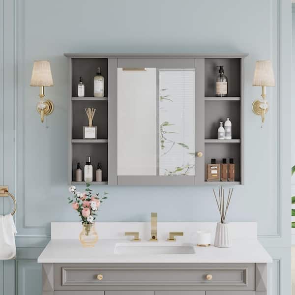 42 in. W x 30 in. H Rectangular Solid Wood Surface Mount Medicine Cabinet with Mirror,Soft-Closed Doors,Easy Hang Gray