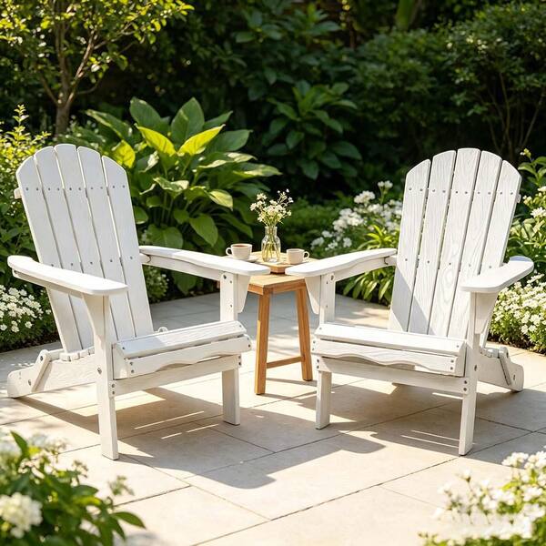 White Folding Wood Adirondack Chair Set of 2 Solid Wood Garden