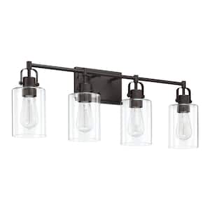 31 in. 4-Light Wall Mount Matte Black Bathroom Vanity Light with Clear Glass Shade