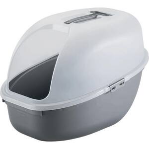 Plastic Hooded Cat Litter Box with Scoop in Light Gray and Metallic Gray