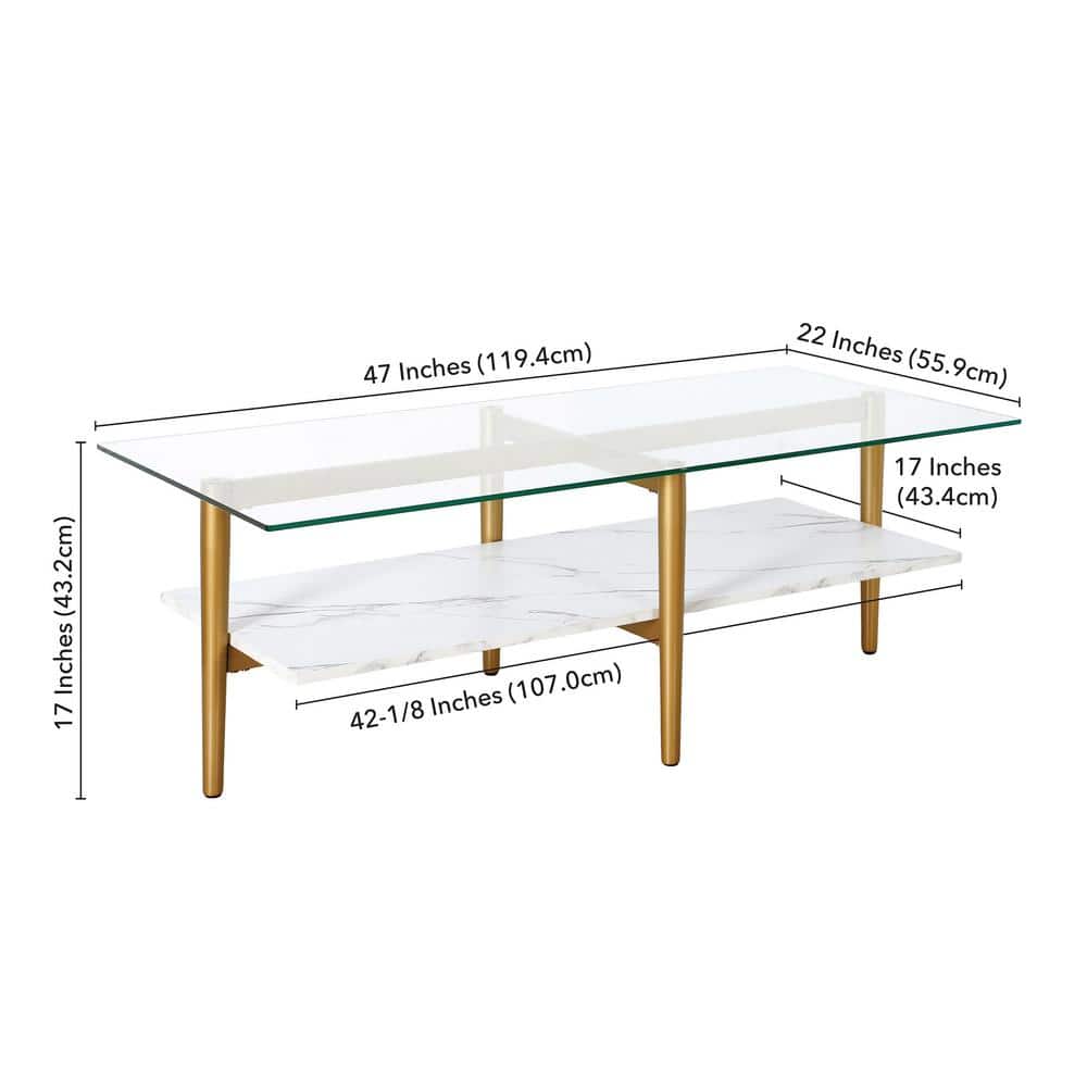 Otto 47" Brass Rectangular Coffee Table with Faux Marble Shelf