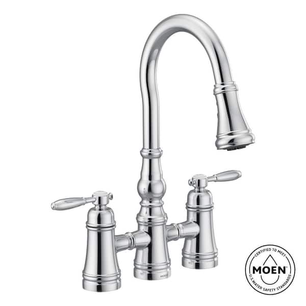 MOEN Weymouth 2-Handle High-Arc Bridge Kitchen Faucet with Power Boost in Polished Chrome