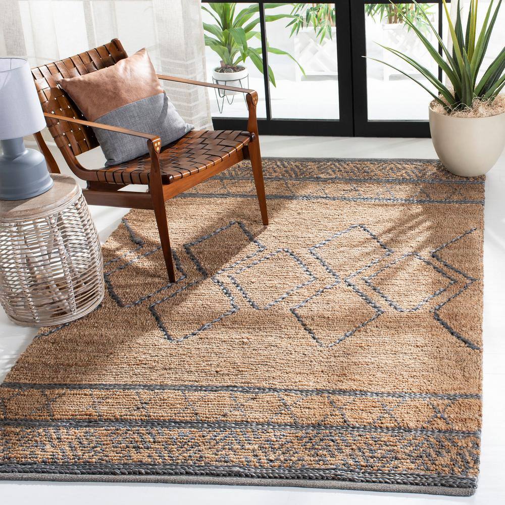 Gray and Beige Hand-Knotted Geometric Jute Rug 4' x 6'