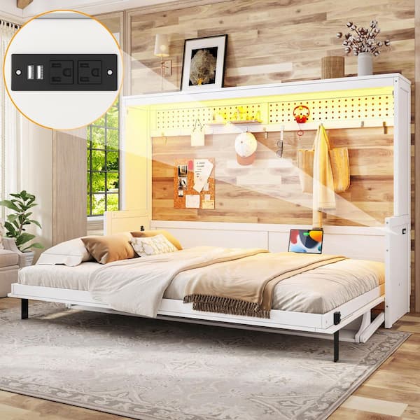 White Wood Frame Queen Size Murphy Bed with a desk, USB Charging Station, LED Lights