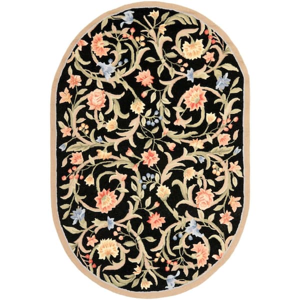 Chelsea 3 ft. x 5 ft. Oval Black Solid Color Floral Border Area Rug