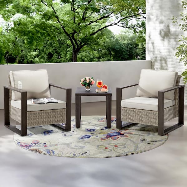 3-Piece Wicker Outdoor Lounge Chairs Patio Conversation Set with Metel Frame and Beige Cushions