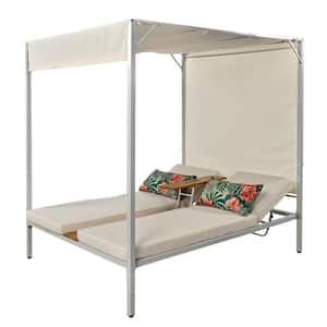Metal Outdoor Patio Sunbed Day Bed with Beige Cushions and Curtains, Three-Position Adjustable Backrest