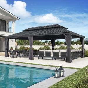 14 ft. x 24 ft. Gray Aluminum Power-Coated Frame Galvanized Steel Double Roof Hardtop Gazebo,Hooks, Netting,Gray Curtain