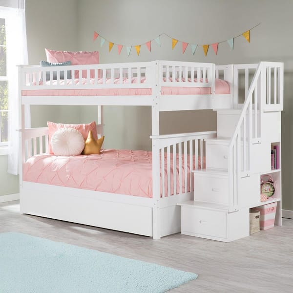 Columbia Staircase Bunk Bed Full over Full with Full Size Urban Trundle Bed in White