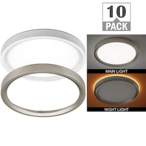11 in. Adjust Color Temp LED Flush Mount Ceiling Light w/Night Light Optional White and Brushed Nickel Trim (10-Pack)