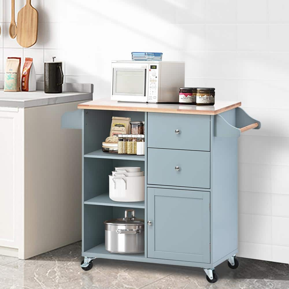  Blue Rubber Wood Top 41.34 in. W x 15.75 in. D x 37 in. H Kitchen Island on 4 Wheels with Spice Rack and Towel Holder