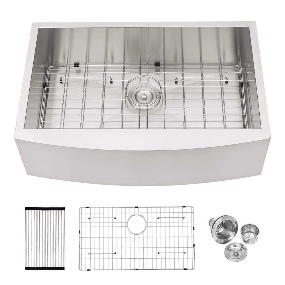 18 Gauge Stainless Steel Farmhouse Sink 33 in. Single Bowl Apron Front Kitchen Sink with Grid and Strainer -  cadeninc, Lor-LQW1-999