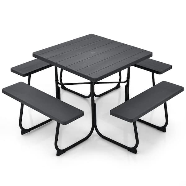 67 in. Black Rectangle Steel Picnic Table Seats 8 People with Umbrella Hole