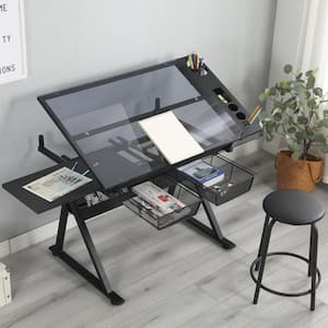 38.5 in. Rectangular Black Metal Adjustable Tempered Glass Standing Drafting Printing Desk with Chair