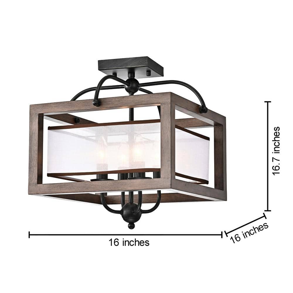 Antique Black and Wood Flush Mount Light with Fabric Shade