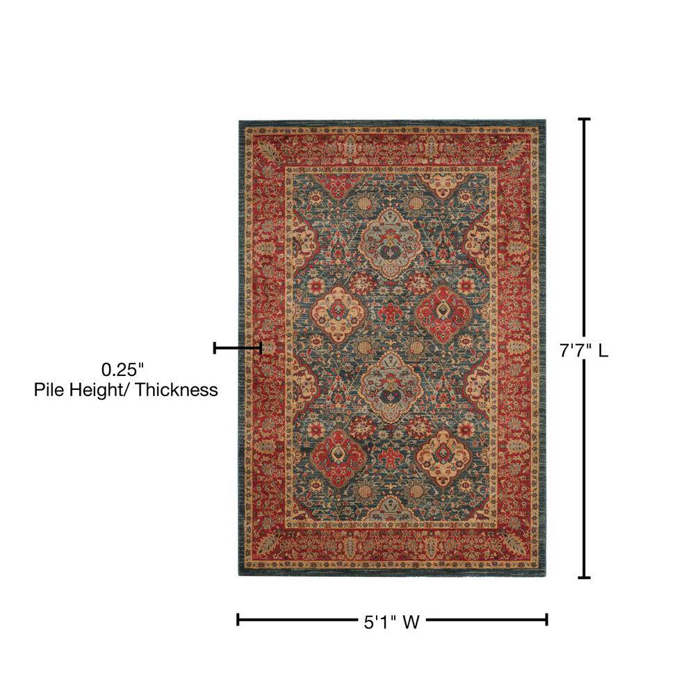 Red and Navy Floral Synthetic Rectangular Area Rug