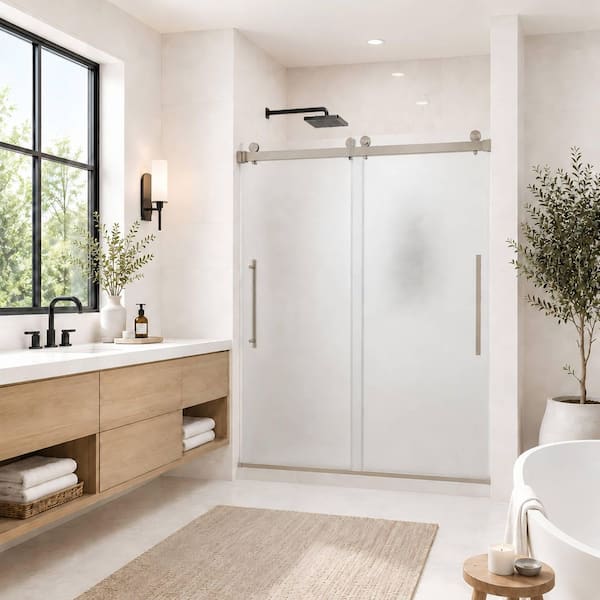 56-60 in. W x 74 in. H Double Sliding Frameless Shower Door in Brushed Nickel with Nano-Coated Easy-Clean Frosted Glass